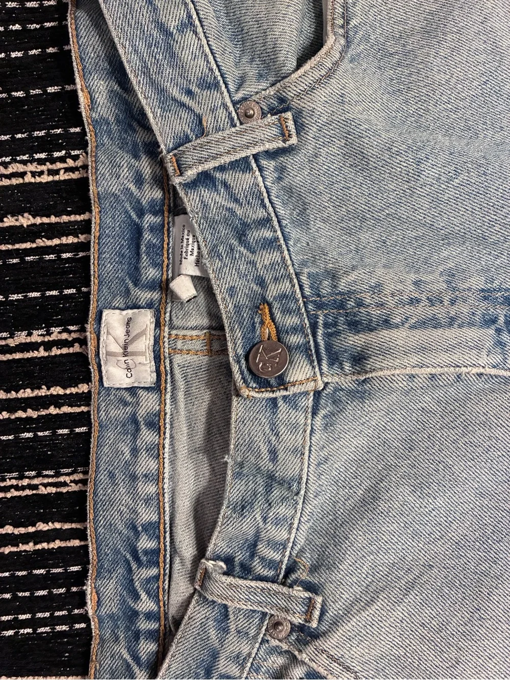 Calvin Klein Light Blue Denim Shorts with Leather Patch - Picture 2 of 8